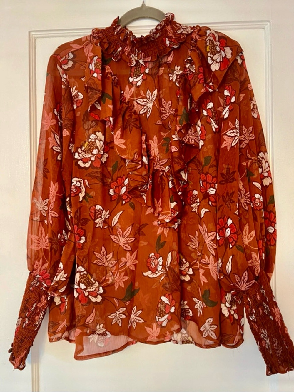 ELOQUII Floral Ruffle Neck Blouse Size 22 Sheer Boho Fall Top - Picture 2 of 10